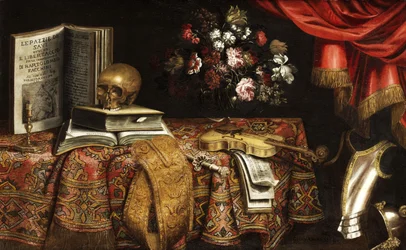Vanitas-Stillleben mit Violine, Notenbuch, Blumenvase und Schädel